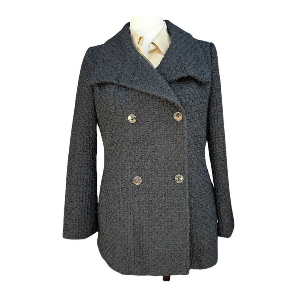 Calvin Klein Pea Coat Womens 14P Gray Wool Blend Boucle Double Breasted Petite